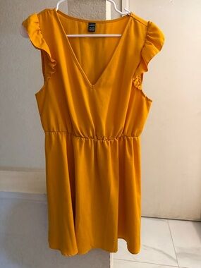 SHEIN Mustard Yellow V-Neck Ruffle Sleeve Dress